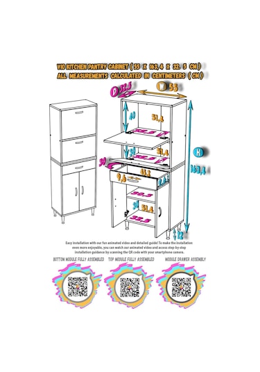 Modilayn Vio 55x163,4x32,5 Cm Yeni Çekmeceli, Kapaklı, Ekmeklikli, Çok Amaçlı Mutfak Dolabı. Beyaz