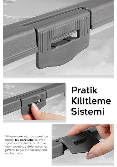 2 Adet Etiketli Deterjan Saklama Kutusu - Kilitli Kayar Kapak Tablet Toz Deterjan Kabı 10 Lt Gri Gri
