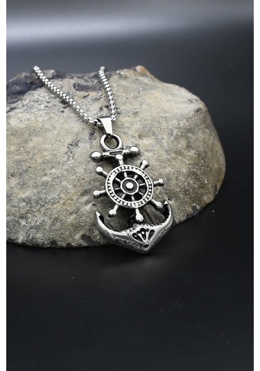 Çapa Dümen Figürlü Kolye Paslanmaz Çelik Zincir 902291 Gümüş