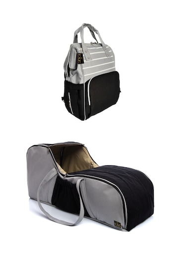 U.S.F Fonksiyonel Bebek Bakım Sırt Çantası + Portbebe Ana Kucağı Puset Çizgili Gri - Siyah