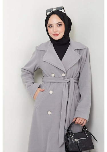 Kadın Polar Kaşe Uzun Kaban / M0107 - Gri Gri