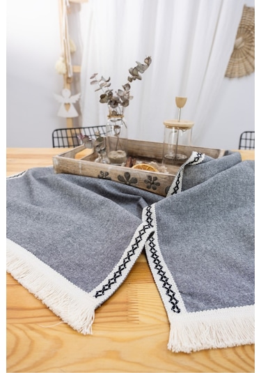 Dnc Home Tekstil Ndchome Gri Antrasit Siyah Şeritli Püsküllü Runner