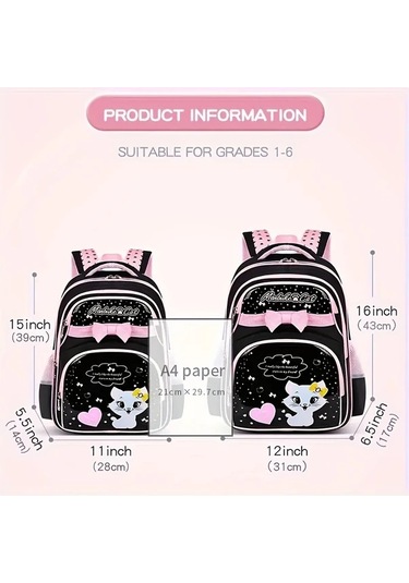 Dream011 Sevimli Çizgi Film Kedi Desenli Siyah Küçük İlkokul Çantası 1-6 Sınıflar İçin Kız Ve Çocuk Ultra Hafif Büyük Kapasiteli Siyah