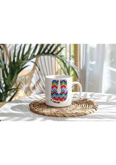 U Harfi Renkli Zigzag Desenli Kupa Bardak - Afrika Tarz Etnik Tasarım Kupa - Kişiye Özel Beyaz