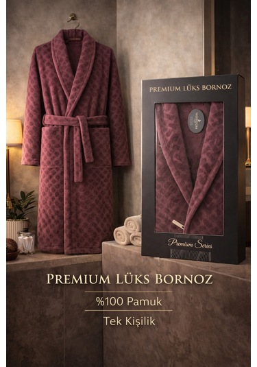 %100 Pamuktan Üretim Premium Lüks Bornoz Özel Çantalı Bordo