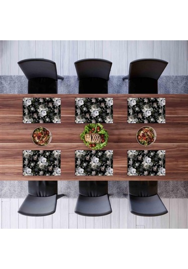 Siyah Çiçek Kumaş Amerikan Servis 4'lü Set - 35x50cm Keten, Ulusl. Yıkama Ve Solmama Sertifikası Çok Renkli