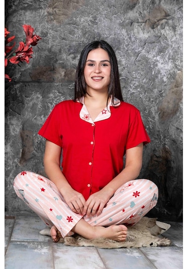 Lukitus Desenli Gömlek Yaka Kısa Kol Pijama Takımı Kırmızı