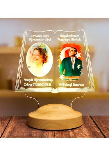 Öğretmene Hediye Renkli Öğretmen Resmi Baskılı Renklendirilmiş Atatürk Görselli 24 Kasım Hatırası Led Lamba Çok Renkli