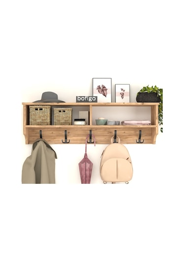Bofigo Portmanto Duvar Askılığı Elbise Askılığı Raflı Duvar Askıl Çam