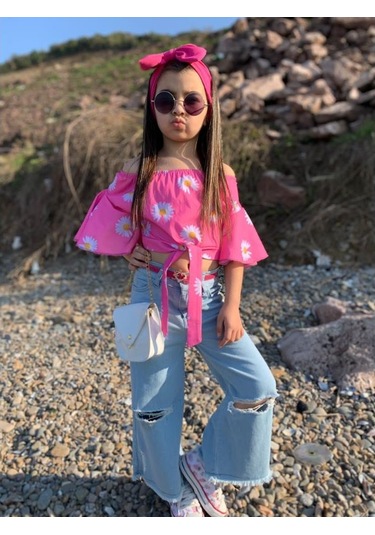 Modavals İspanyol Paça Yırtık Detaylı 4 Parça Kız Çocuk Kotlu Takım Çok Renkli