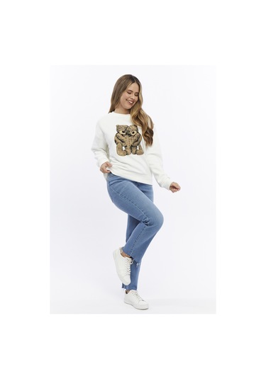 Kadife Ayıcıklar Desenli Şardonlu İçi Polarlı Ekru Regular Fit Bisiklet Yaka Kadın Sweatshirt Ekru