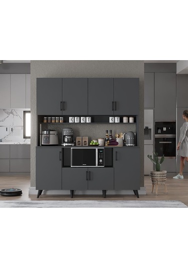 Nora Kahve Köşesi Çok Amaçlı Dolap Kiler Mutfak Dolabı Füme 140cm Antrasit