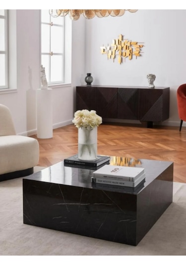 Most Lignum Mermer Görünümlü %100 Mdf Orta Sehpa 80x80 Cm Siyah