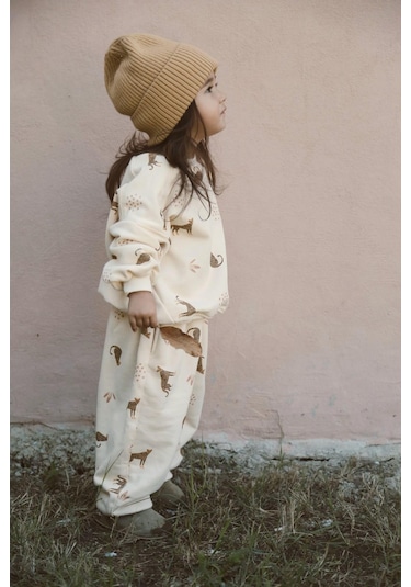 Leopar Baskılı Eşofman Takımı Krem