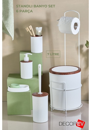 Decorev 6'lı Banyo Seti Metal Standlı Beyaz Ahşap Desenli Tuvalet Wc Kağıtlık Seti Ahşap