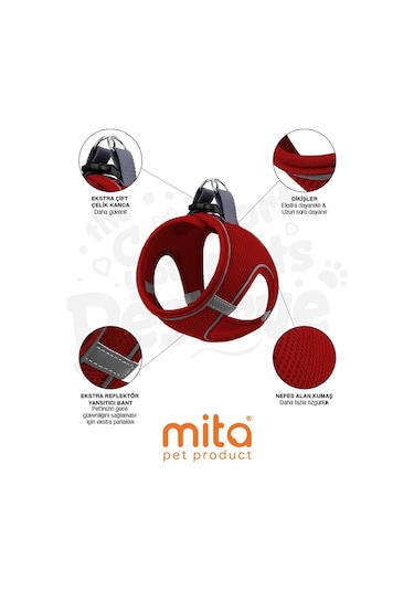 Mita Air Mesh Kedi Köpek Göğüs Tasması Çift Reflektörlü, Terletmeyen Kırmızı