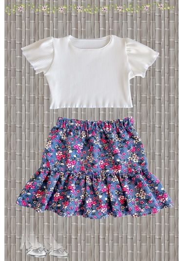 Çocuk Etekli Crop Takım, Çiçekli Fırfırlı Etek - Ekru Crop Ekru-fırfırlı Ekru