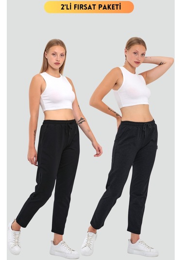 MMetalic 2'Li Kadın Lacivert Klasik Cepli Eşofman Altı Antrasit - Siyah