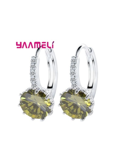 Romantik Kalp Kristal Döngü Kolu Geri Küpe Kadınlar İçin Avusturya Kübik Zirkon Round-green 1.50 CM-Gümüş
