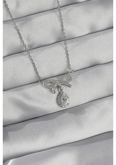 Ezoconcept 316l Çelik Gümüş Renk Zirkon Taşlı Fiyonk Detay Damla Kolye 001