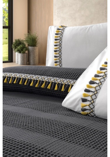 Çift Kişilik 4 Parça Püsküllü Havuz Pike Takımı Antrasit