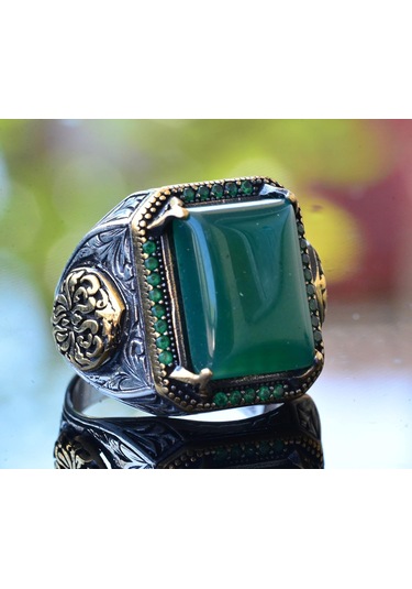 Doğal Yeşil Jade Taşı, Sterlin Gümüş Erkek Yüzük, Bizans İmparatorluğu Yüzüğü Gümüş