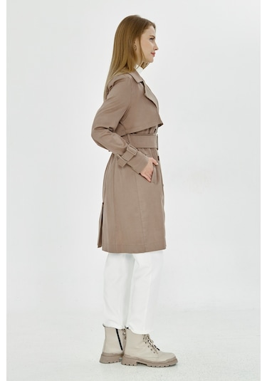 Pastelastore Esnek Pamuk Gabardin Midi 95cm Astarsız Kadın Trençkot 1118 Vizon
