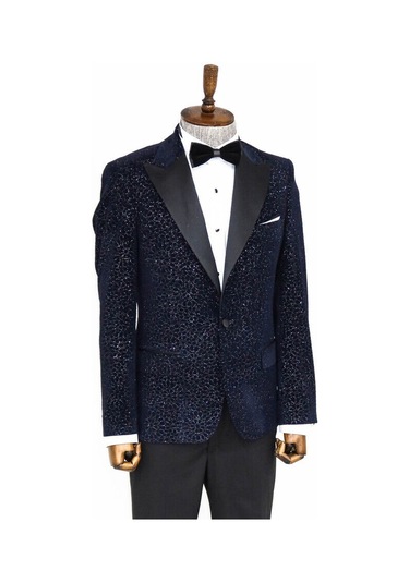 Wessi Işıltılı Çiçek Desenli Lacivert Erkek Smokin Ceket Lacivert