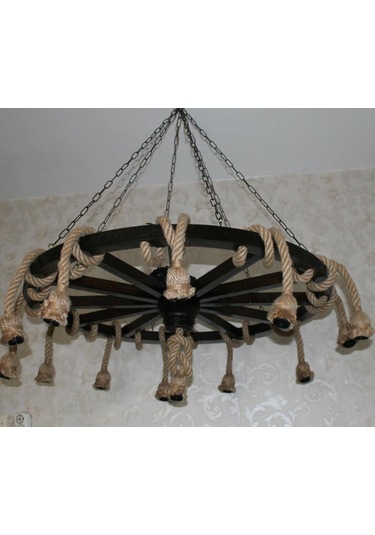 Otantik Çarşı Ahşap Halatlı Teker Avize 100 Cm. 13'lü Serbest Sarkıtlı