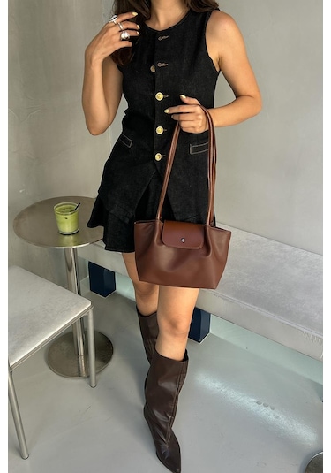 Lior Kapaklı Omuz Çanta Fındık Kabuğu Kahverengi - Altın