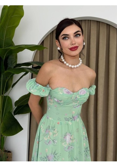 Şifon Kumaş Dijital Desen Baskılı Elbise L