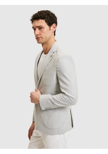 Cacharel Açık Gri Slim Fit Yün Keten Karışımlı Ceket