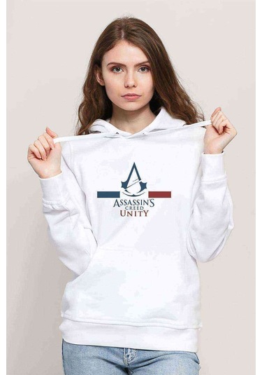 Assasin Creed Unity Baskılı Beyaz Kadın Kapşonlu Sweatshirt