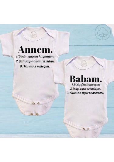 Unisex Bebek Annem Ve Babam Yazılı %100 Organik Pamuk Kısa Kollu Bebek 2li Body Zıbın Beyaz