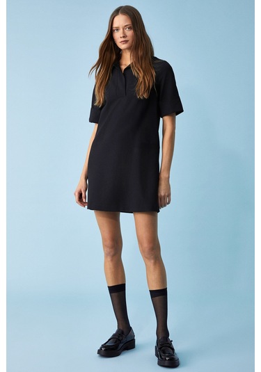 Nouru Kadın Polo Yaka Kısa Kol Oversize Fit Kısa Siyah Elbise