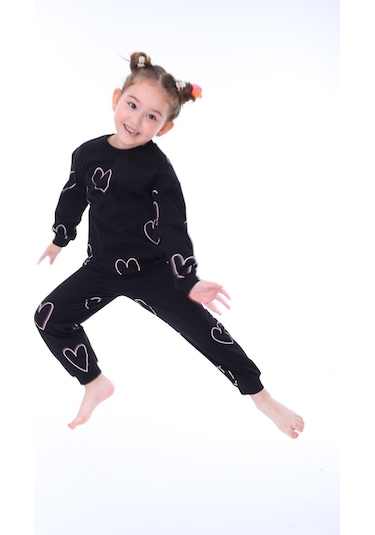 Minik Kalpler Desenli %100 Pamuk Kız Çocuk Pijama Takımı Siyah