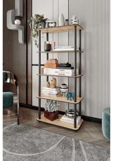 5 Katlı Dekoratif Diktörtgen Kitaplık Meşe Meşe