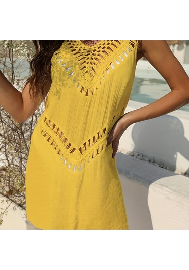 Zarif Tığ İşi Şık V Yaka Kolsuz Yarı Transparan Plaj Elbisesi Sarı