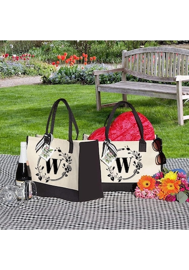 Tuval El Çantası Mektuplar Çiçek Taşınabilir Plaj Omuz Alışveriş Tote Çanta W A433 Siyah