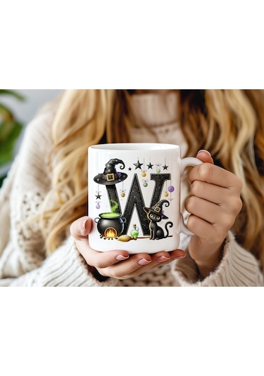 W Harfli Halloween Kedili Figür Kupa Bardak - Şapkalı Ve Kazanlı İsme Özel Kupa - Hediye Beyaz