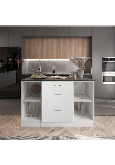 Swing Mutfak Adası -3 Çekmeceli Alt Modül- Çok Amaçlı Dolap 140 Cm Tezgah Dahil Beyaz
