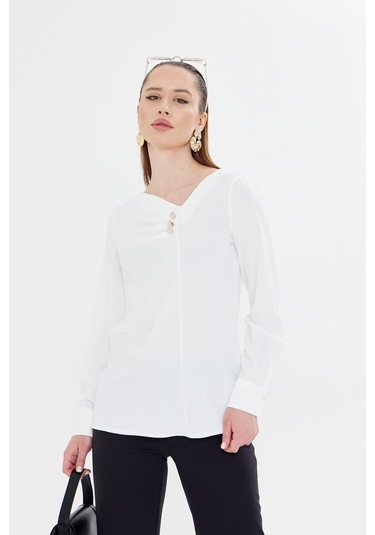 Yakası Pileli Ve Düğme Detaylı Gömlek Ekru Ekru