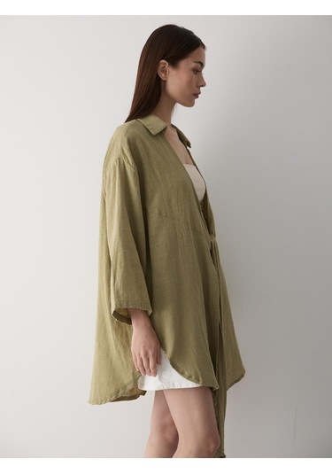 Haki Flam Keten Kimono Gömlek Haki