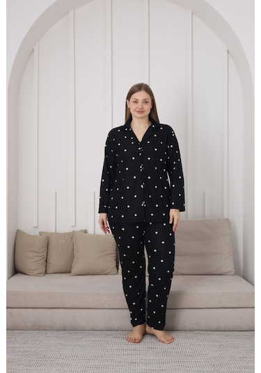 Gömlek Yaka Büyük Beden Kadın Süet Dokulu Kadın Alt Üst Pijama Takımı Yıldız Siyah