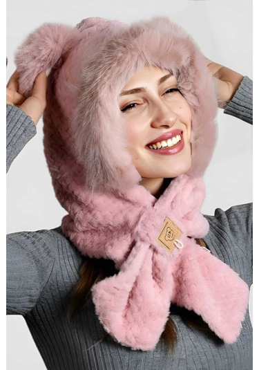 Uniquetrenders Kadın Kulaklıklı Boyun Bağlamalı Yumuşak Peluş Şapka Pudra