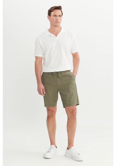 Erkek Hakı %100 Pamuk Comfort Fit Beli Bağlamalı Flamlı Yan Cep Şort Haki