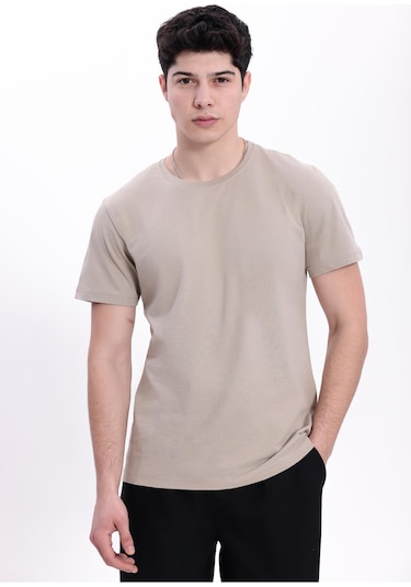 Freemen Erkek/unisex Bisiklet Yaka Basic Tişört %100 Pamuk Bej