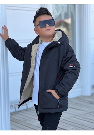 Erkek Çocuk Kapüşonlu İçi Kürklü Mont Km3050 Siyah