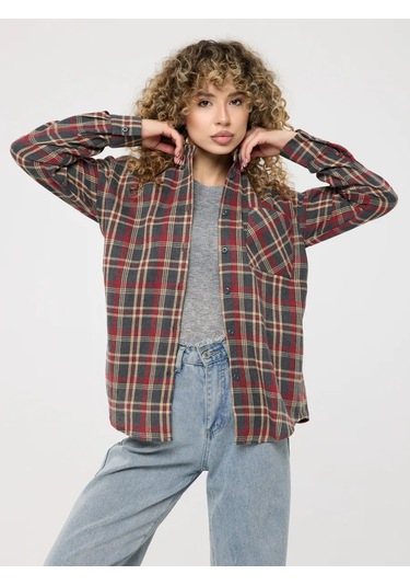 Uzun, Oversize Kareli Gömlek 377355034 Sivri Mor Melanj