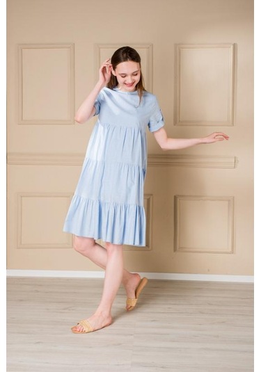 Pastelastore Kadın Yazlık Pamuk Kısa Elbise 1108 Bebe Mavisi